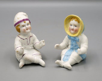 Antique German Porcelain Pair of Baby Figurines Boy and Girl Bisque, 1890's rare collector's piece