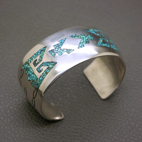 Vintage Solid Silver Open Cuff Bracelet: Turquois… - image 1