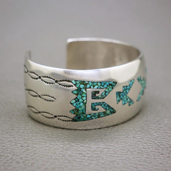 Vintage Solid Silver Open Cuff Bracelet: Turquois… - image 6