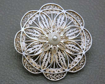 Large Sterling Silver Filigree Brooch with Dutch Button Motif - 1950's Dutch Heritage Mid Century Vintage Jewelry - KW5