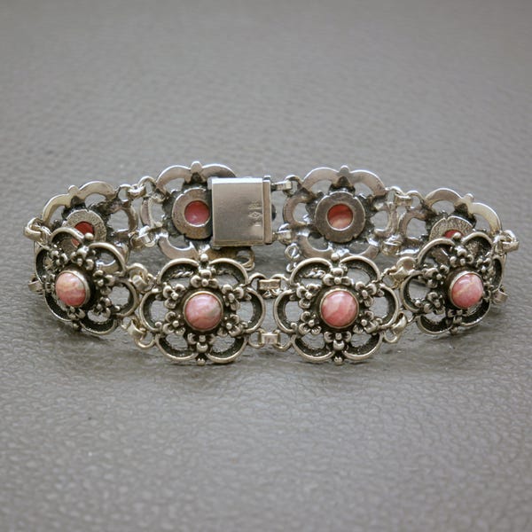 Pulsera con rodocrosita rosa y paneles de plata 835: estilo floral Biedermeier, joyería vintage de mediados de siglo de los años 50 - KW8