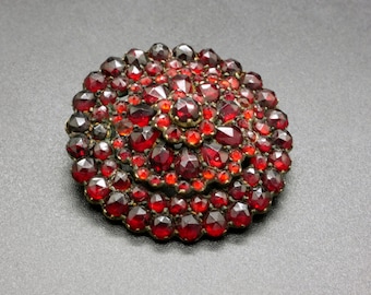 Antique Bohemian Garnet Brooch, Tiered Red Garnet Pin, 1800s Victorian Jewelry, January Birthstone