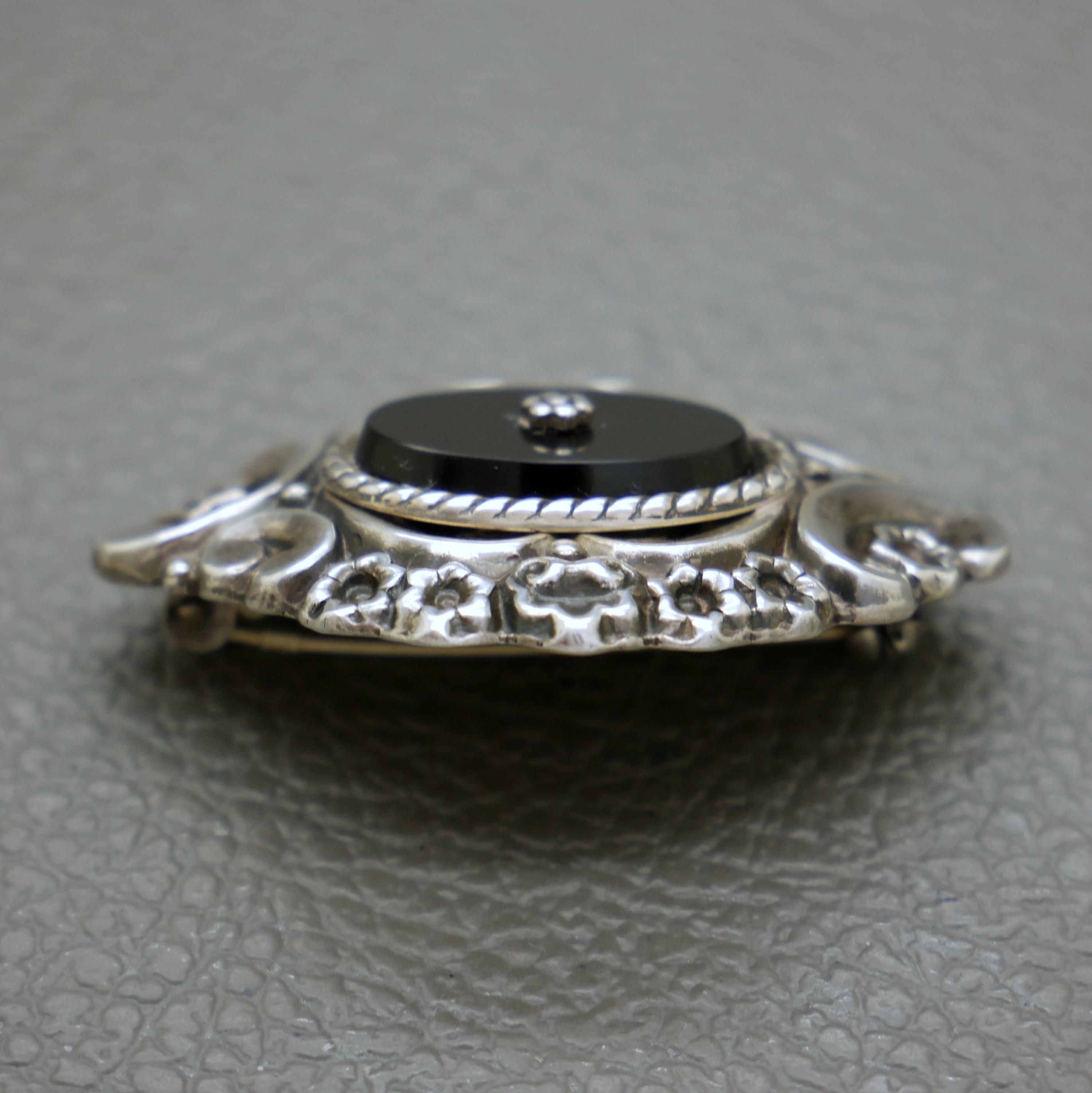 Antique 835 Silver & Black Onyx Brooch - 1920s Arts and Crafts