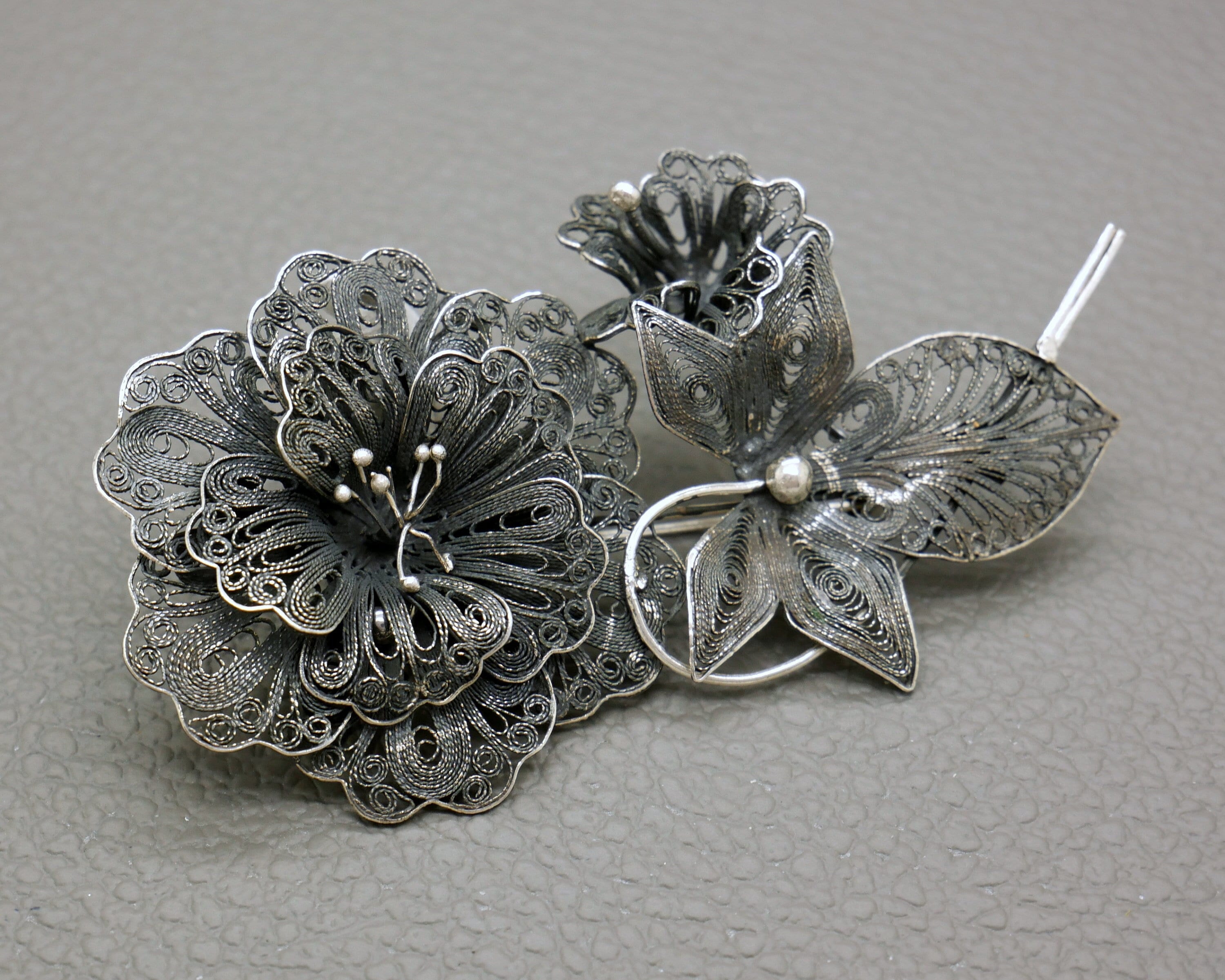 Vintage 800 Silver Filigree Brooch, Black Flower Pin, 1950's