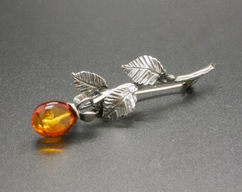 Rose Bud Brooch, Sterling Silver & Natural Amber, Cognac Color Natural Amber Stone, Handcrafted Art Nouveau Style vintage Jewelry