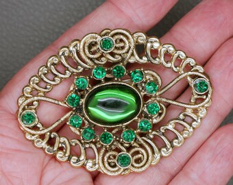 Grande Broche Vintage En Or Avec Perles Et Pierres Verre émeraude/rubis - Modèle 246