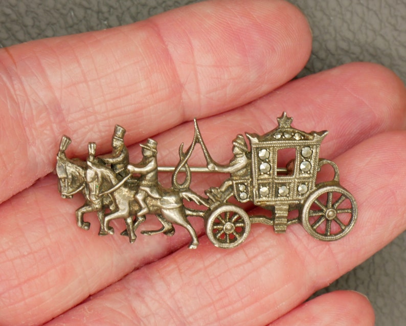 Vintage 835 Silver Brooch, Marcasite Set Coach And Horses Design Pin, Mid Century Jewelry image 3