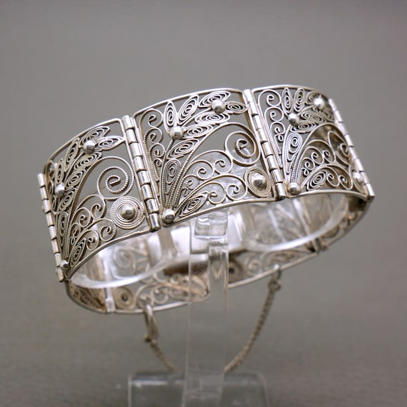 Vintage 835 Silver Filigree Bracelet: Wide Floral Panel, 1960s