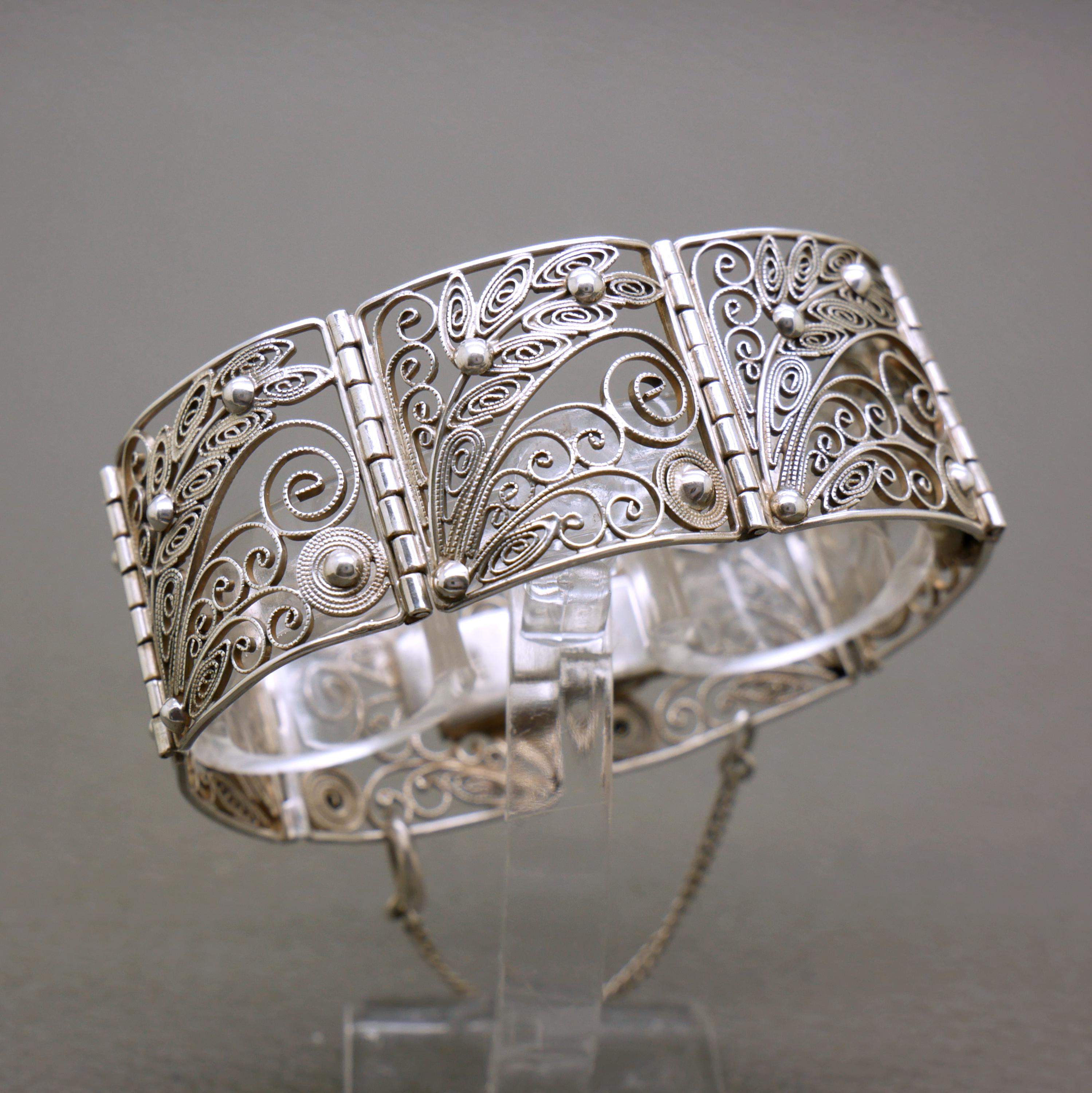 Vintage 835 Silver Filigree Bracelet: Wide Floral Panel, 1960s
