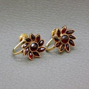 Antique Bohemian Garnet 14K Gold Earrings: Floral Screw Back, Non-Pierced Earrings, Victorian Jewelry