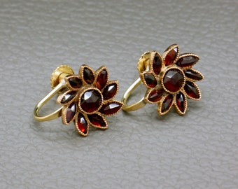 Antique Bohemian Garnet 14K Gold Earrings: Floral Screw Back, Non-Pierced Earrings, Victorian Jewelry