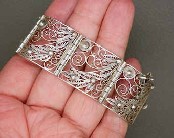 Vintage 835 Silver Filigree Bracelet: Wide Floral Panel, 1960s