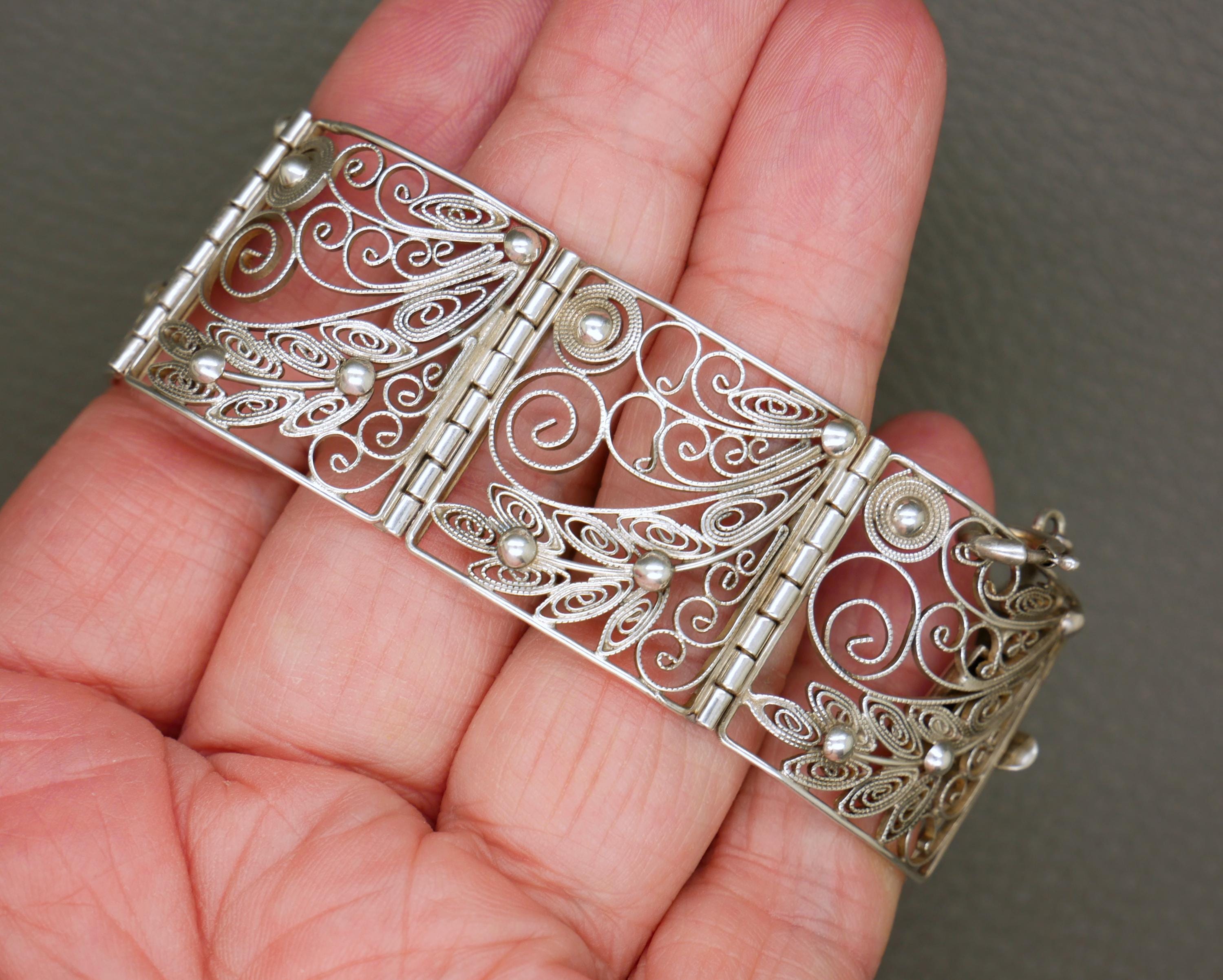 Vintage 835 Silver Filigree Bracelet: Wide Floral Panel, 1960s