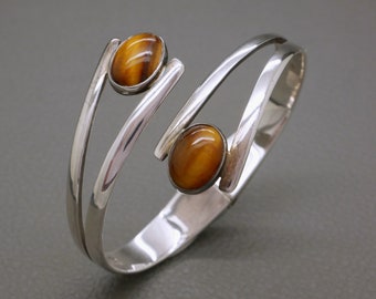 Tiger Eye & Sterling Silver Bracelet, Modernist Design 1970's Vintage Artisan Jewelry from Mexico