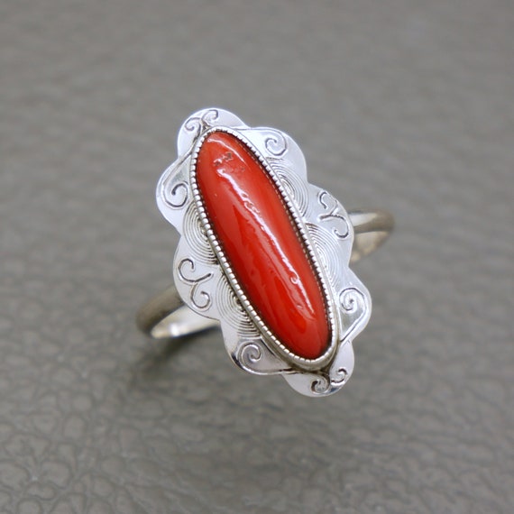 Vintage Red Coral & 835 Silver Ring, Genuine Medi… - image 1