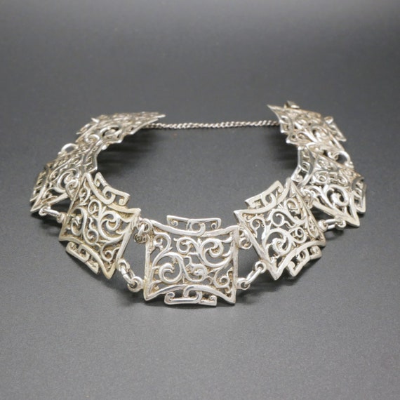Vintage Art Deco 835 Silver Panel Bracelet: Openwork Filigree Mid