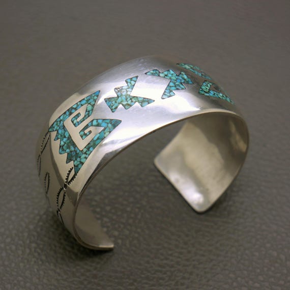 Vintage Solid Silver Open Cuff Bracelet: Turquois… - image 13