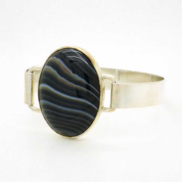 RESERVED Black Agate Bracelet, 835 Silver & Striped Black Gemstone Hinged Bangle Bracelet, Modernist Design 1970s Vintage Dutch Jewelry
