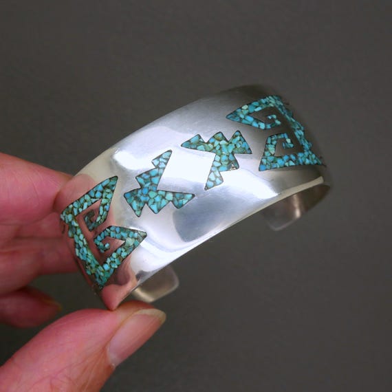 Vintage Solid Silver Open Cuff Bracelet: Turquois… - image 4