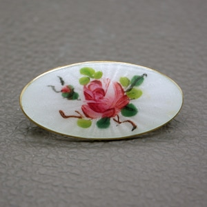 Vintage Norwegian Sterling Silver Guilloche Enamel Brooch with Handpainted Rose Flower, 1950s Scandinavian Jewelry