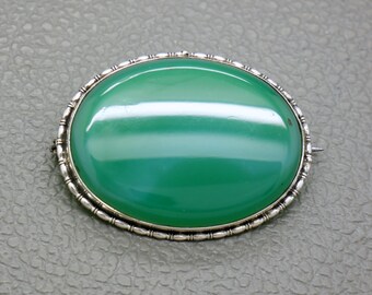 アンティークグリーンアゲート&800シルバーブローチ - 1900年代 アンティークグリーンアゲート&800シルバーブローチ - 1900年代