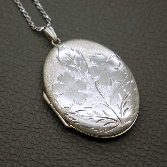 Large Sterling Silver Photo Locket Pendant with E… - image 1