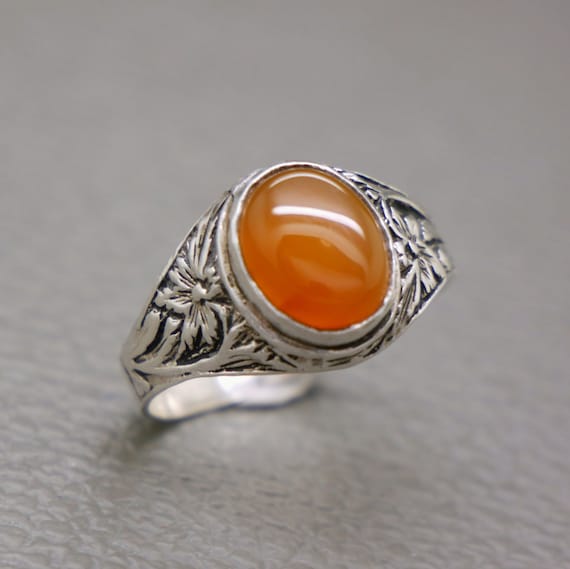 Vintage Sterling Silver & Carnelian Ring Size 9.25 - Orange Gemstone Artisan Handcrafted Jewelry - KW5