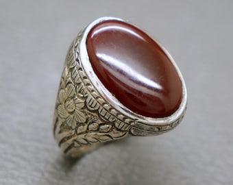 Vintage Sterling Silver & Carnelian Ring Size 8 - Brown Gemstone Ring - Mid Century Jewelry - KW5