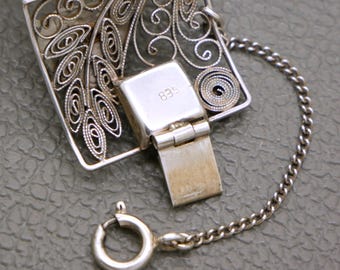 Bracelet Vintage Argent Sterling 1920 - 7 Maillons Panneau Flocon De Neige Filigrane, Fait Main, Signé