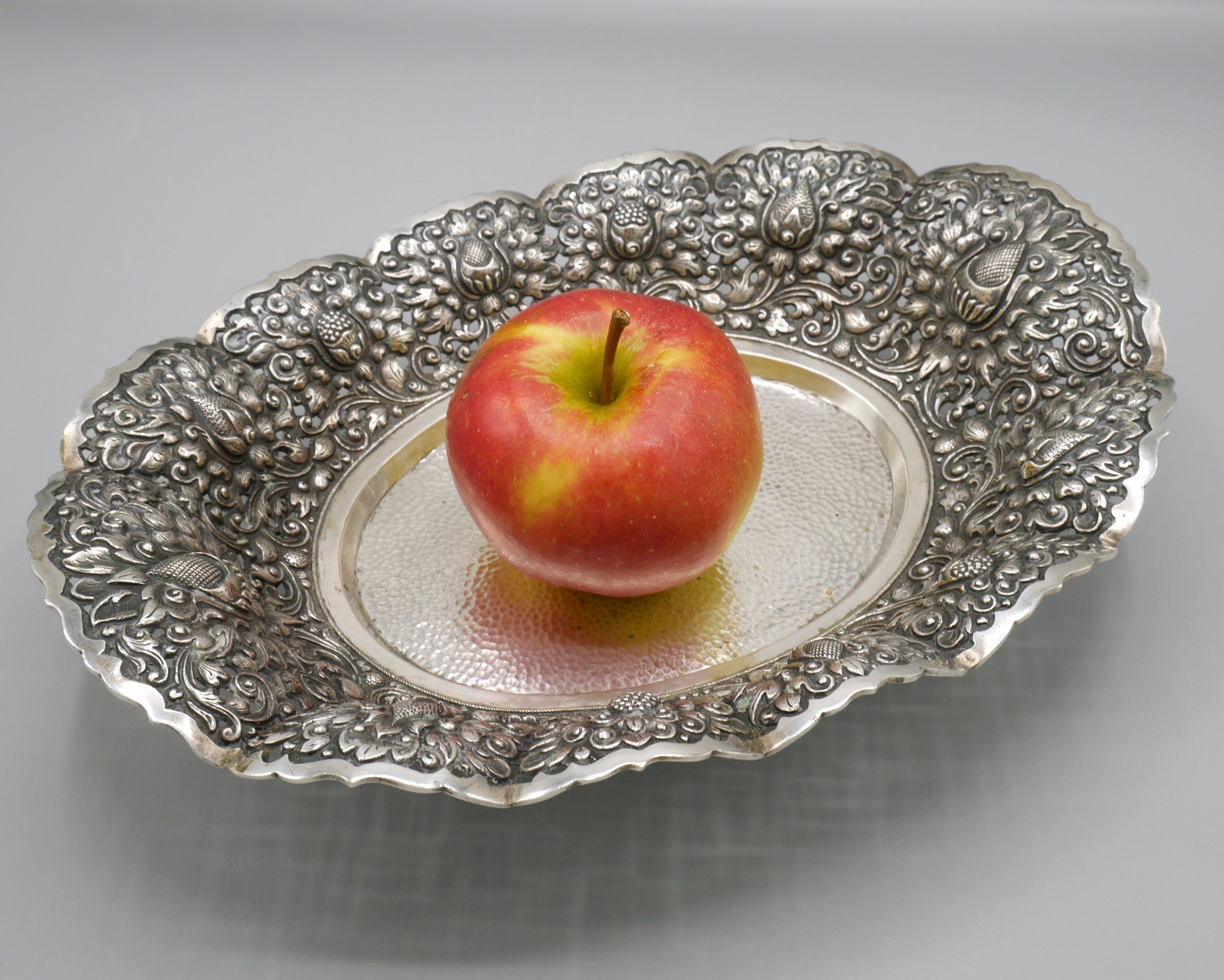 Antique 800 Silver Large Oval Footed Bowl 539 Grams - Asian