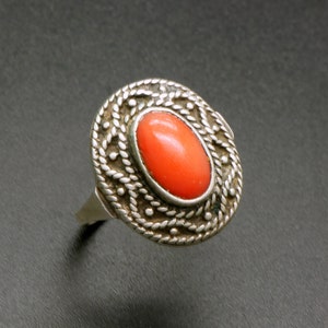 Antique Red Coral Ring - Genuine Coral & 835 Silver Ring Size 5.5 - Traditional Victorian Dutch Klederdracht Jewelry, Silver Filigree Ring