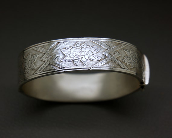 Etched Sterling Silver Bracelet, Hinged Cuff Brac… - image 7