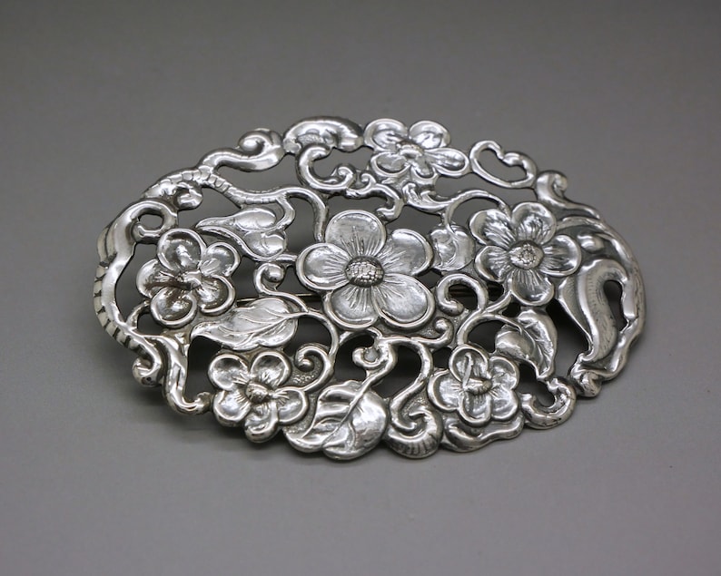 Openwork Flower Ornament Victorian Edwardian Dutch Heritage Jewelry Hallmarked 835 Silver Large Oval Pin Antique Silver Brooch