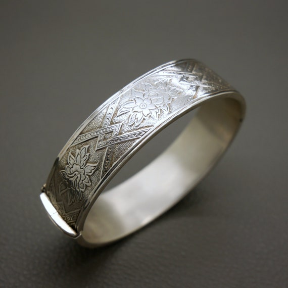 Etched Sterling Silver Bracelet, Hinged Cuff Brac… - image 1