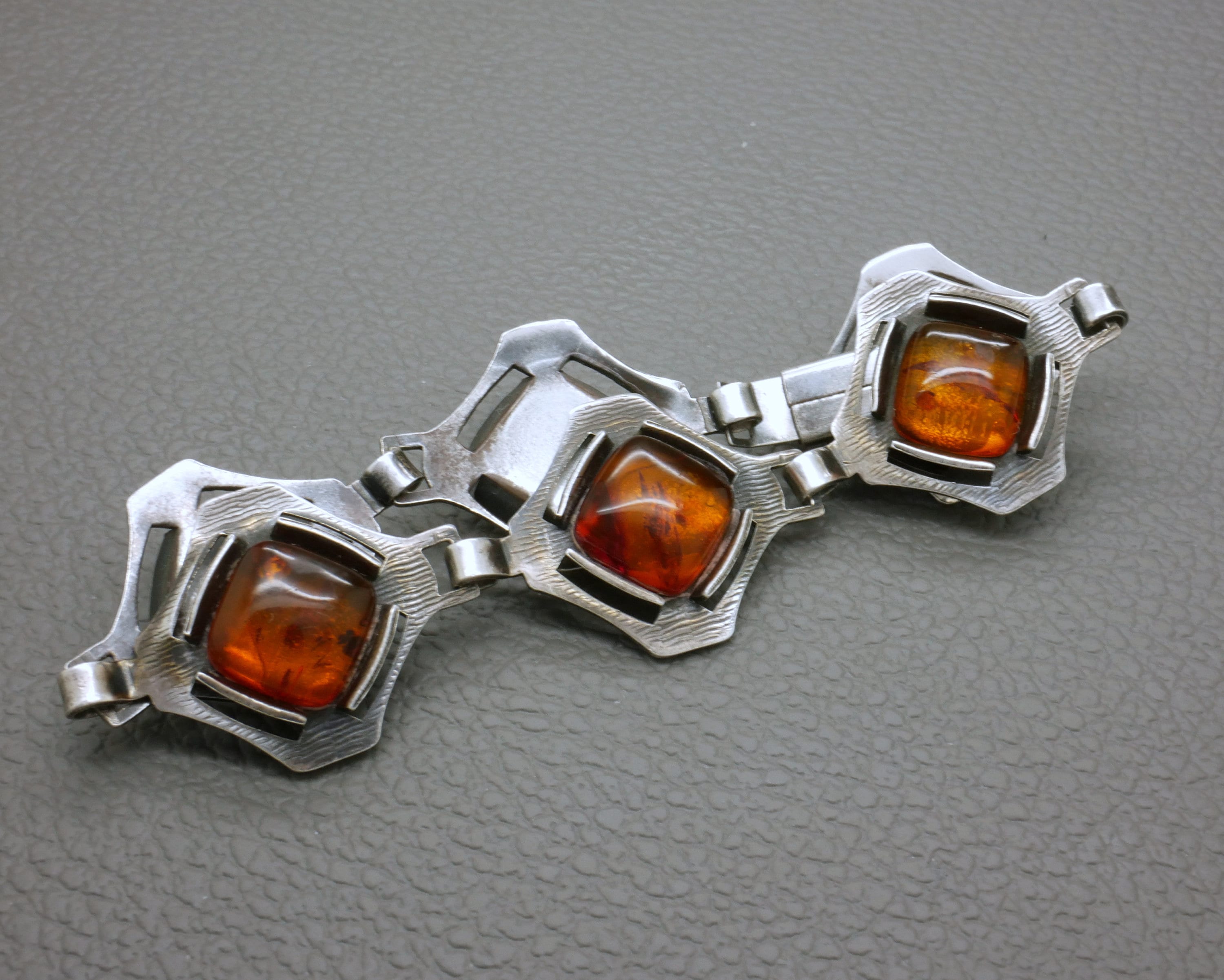 Art Deco Natural Amber 830 Silver Bracelet: Scandinavian Design