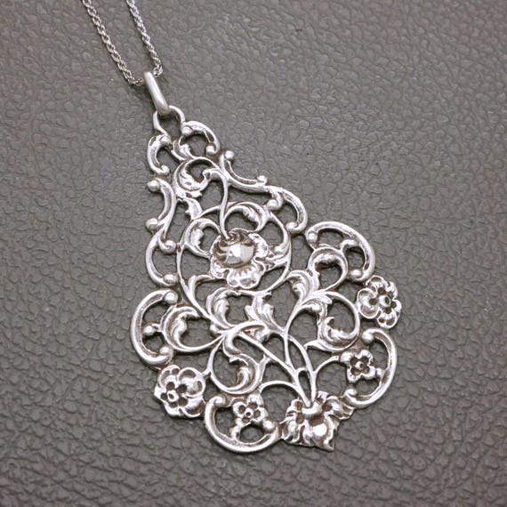 Antique 835 Silver Rose Flower Pendant Necklace, Dutch Biedermeier