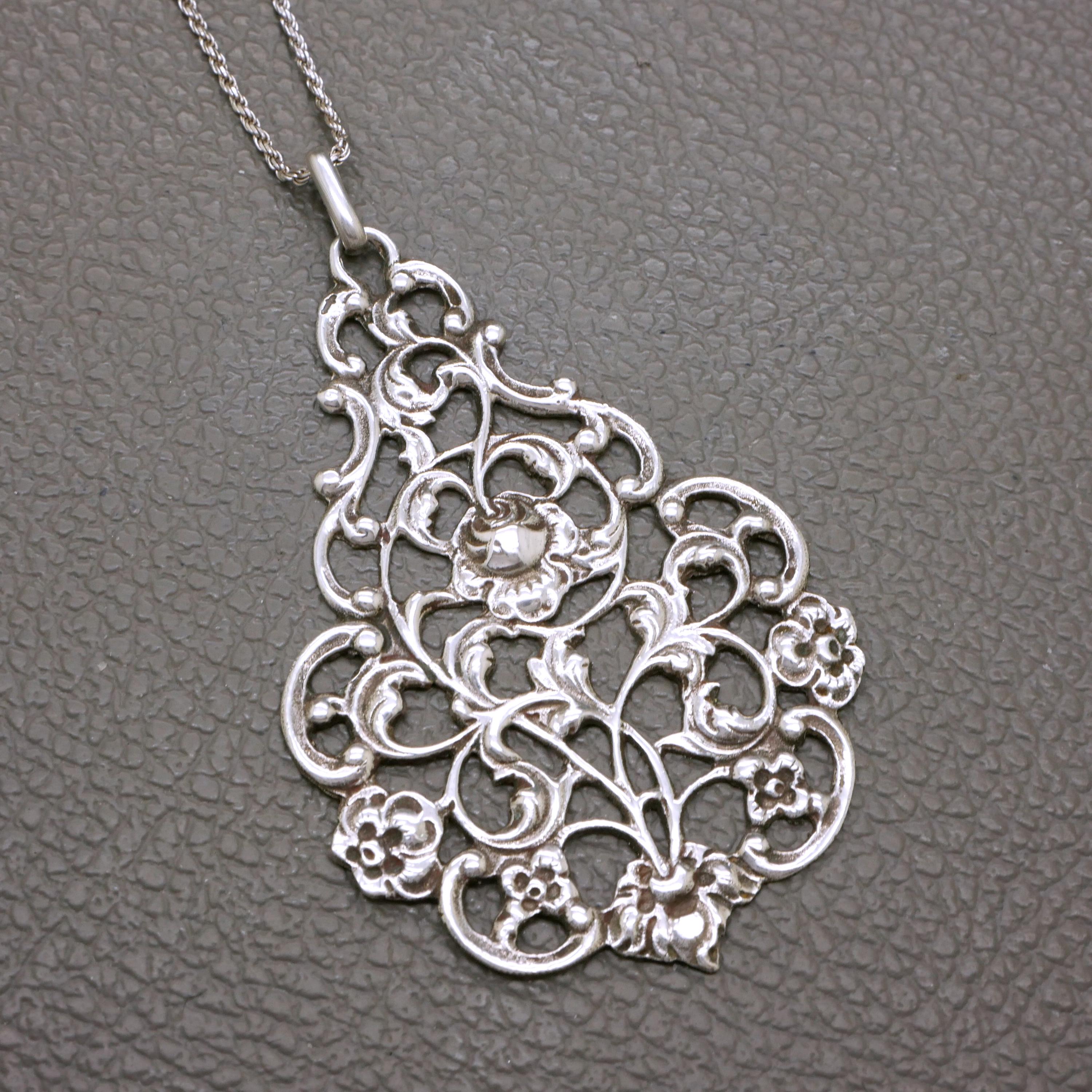 Antique 835 Silver Rose Flower Pendant Necklace, Dutch Biedermeier