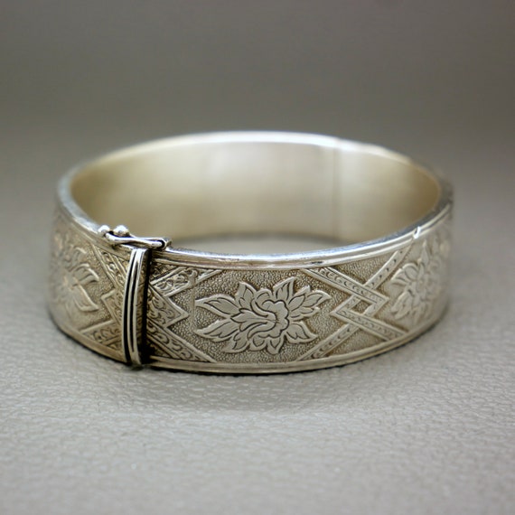 Etched Sterling Silver Bracelet, Hinged Cuff Brac… - image 2