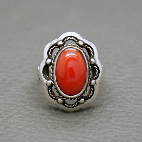 Vintage Red Coral & 835 Silver Ring, Genuine Mediterranean Coral, Dutch Heritage Victorian Style Jewelry