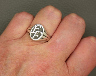 Vintage Solid Silver Signet Ring With EF Monogram, Size 8.75, Art