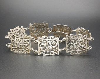 Vintage Art Deco 835 Silver Panel Bracelet: Openwork Filigree Mid Century Jewelry