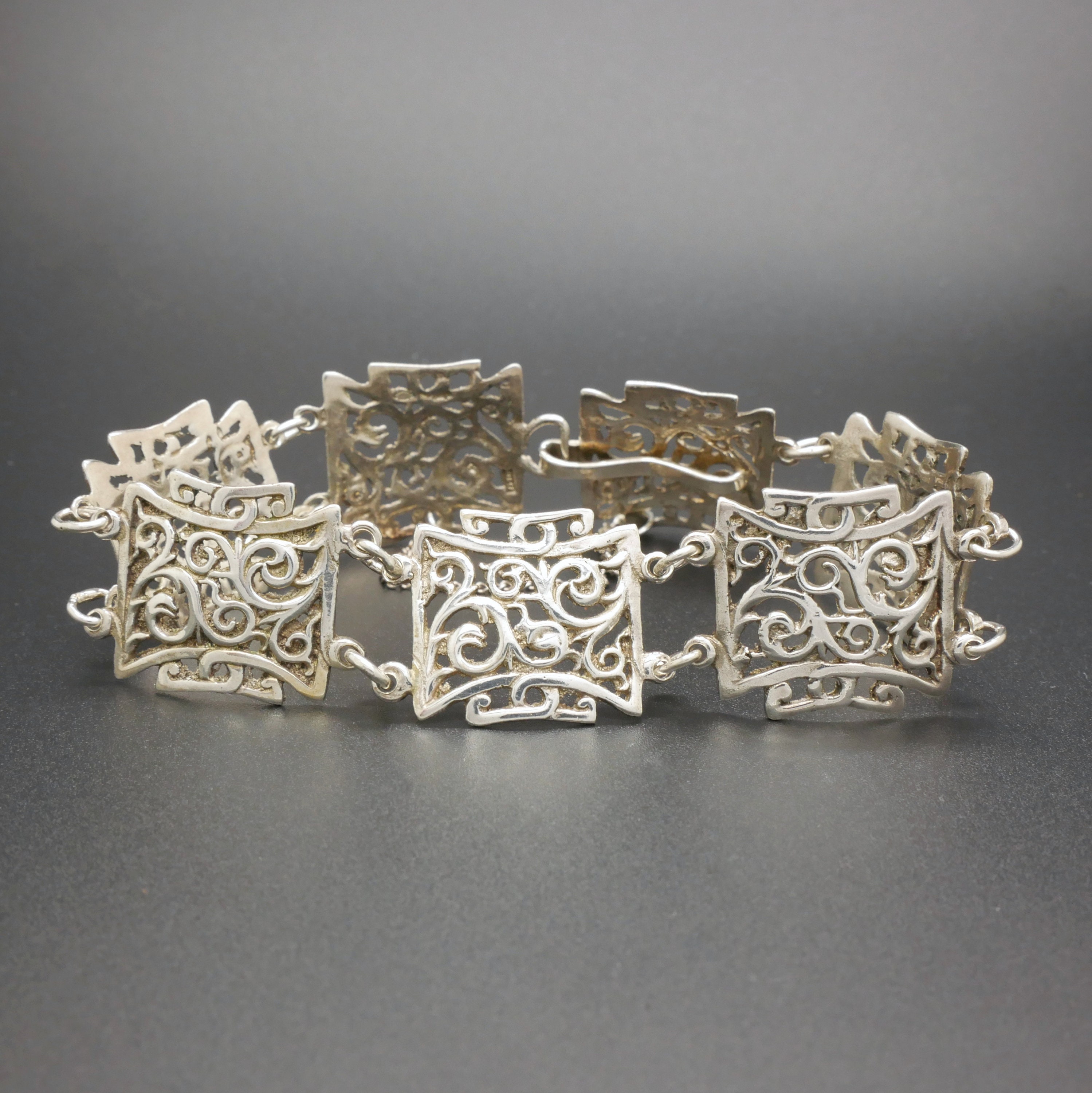 Vintage Art Deco 835 Silver Panel Bracelet: Openwork Filigree Mid