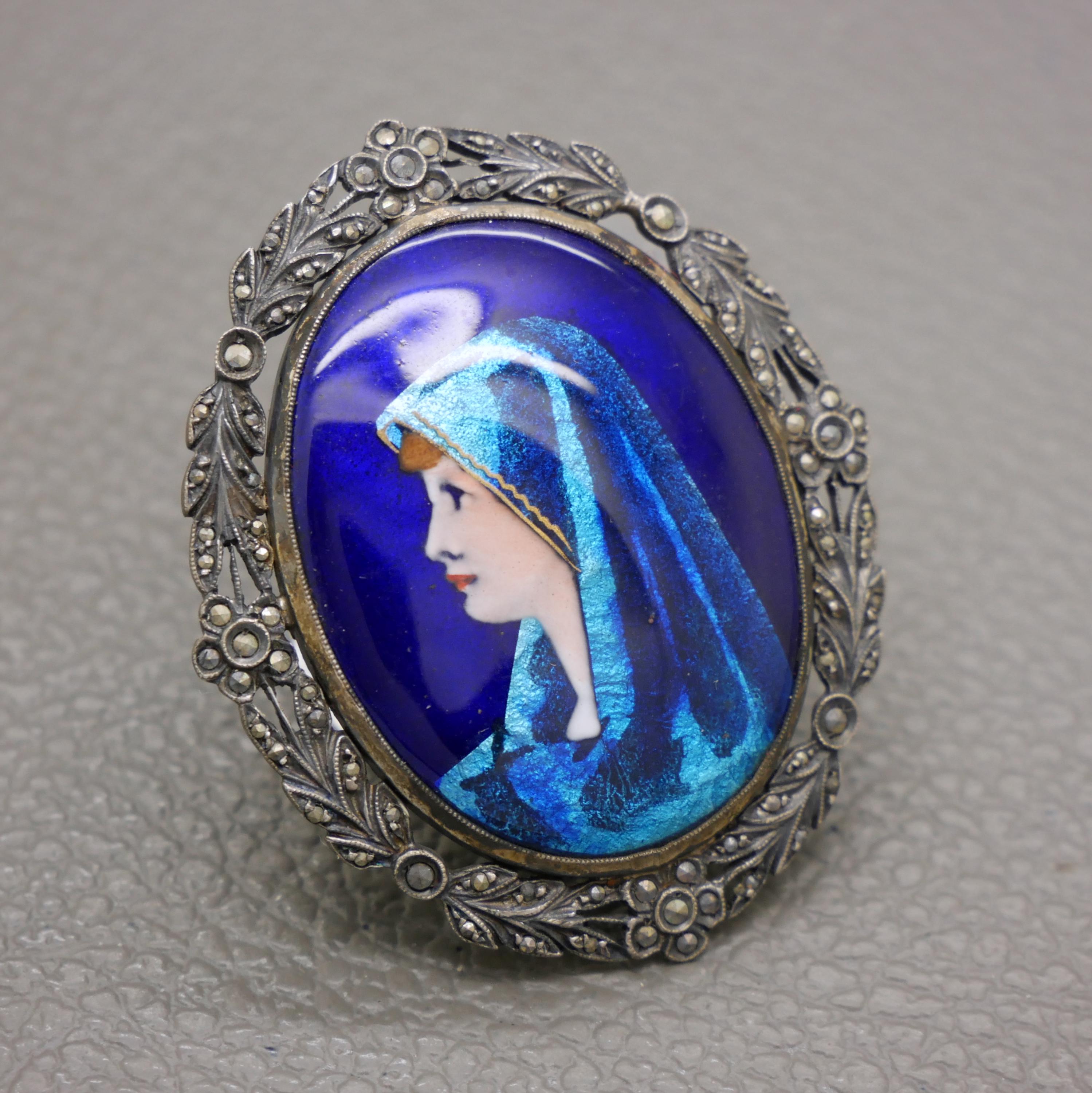 Broche Ancienne En Porcelaine De Limoges - Vierge Marie Peinte à La Main - Métal - Vintage