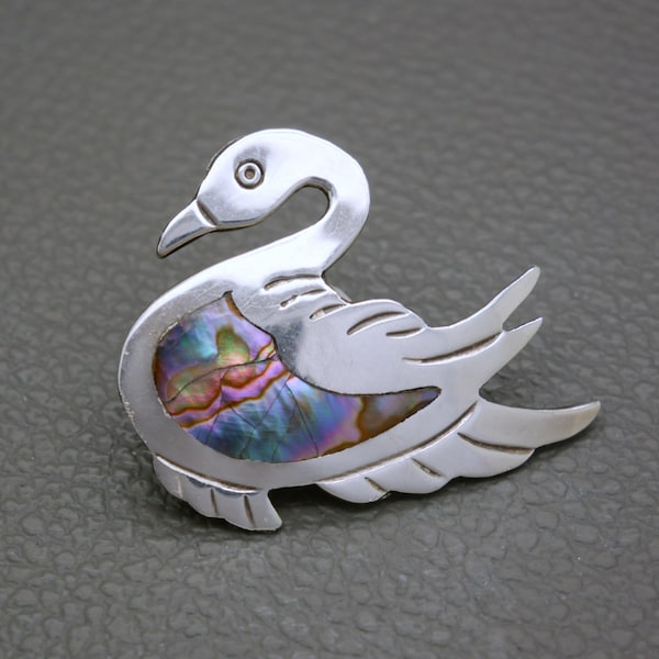 Vintage Sterling Silver Duck or Goose Brooch with Abalone Shell Inlay - Mexican Artisan Jewelry