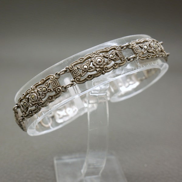 Art Deco 835 Silver Marcasite Bracelet - Vintage 1930s Stylized Floral Panel Design, KW3