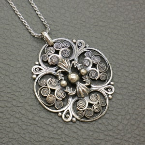 Vintage 800 Silver Filigree Pendant with Stylized Flower Ornament Mid Century Jewelry Optional 20 Chain KW3
