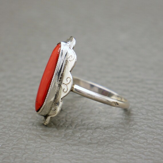 Vintage Red Coral & 835 Silver Ring, Genuine Medi… - image 6