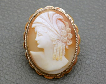 Antique Cameo Brooch, Carved Shell Portrait Cameo in Gold Tone Brass Setting, Victorian Style Jewelry