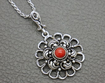 Natural Red Coral & 835 Silver Pendant with optional 20" sterling chain, Biedermeier Style 1950's Vintage Jewelry - KW5