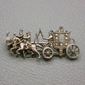 Vintage 835 Silver Brooch, Marcasite Set Coach And Horses Design Pin, Mid Century Jewelry image 1